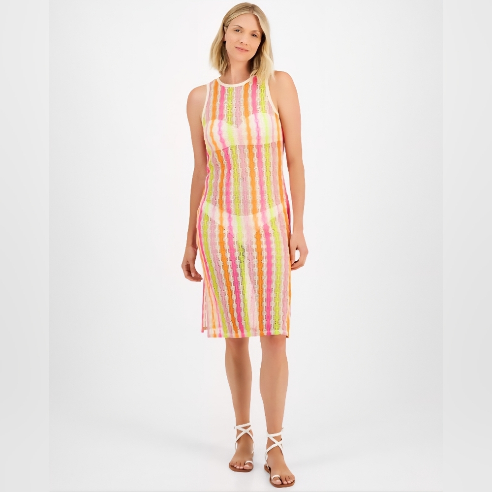 Miken Women's Open Knit Sleeveless Cover up Dress, Hot Pink/Orange/Yellow